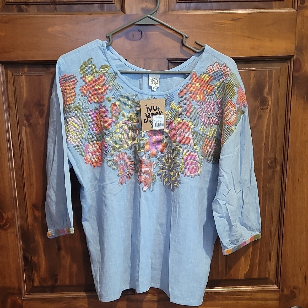 Ivy Jane Light Blue Floral Embroidered Blouse